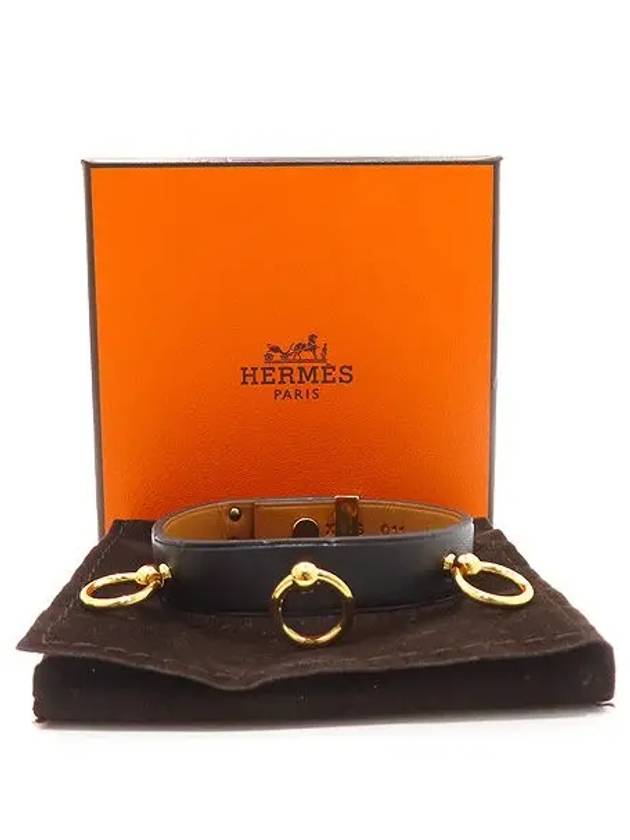 MINI DOG black leather gold ring buckle bracelet - HERMES - BALAAN 5