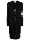 Cotton Crepe Milano Stitch 4-Bar Long V-Neck Cardigan Navy - THOM BROWNE - BALAAN 2