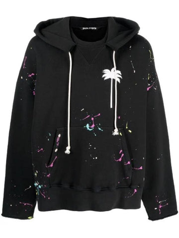 Palm Tree Print Paint Splatter Effect Hoodie Black - PALM ANGELS - BALAAN 1