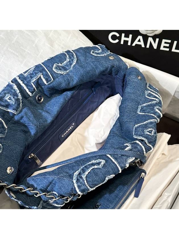 22 Bag Workshop Denim Small Two Lettering Fringe Blue - CHANEL - BALAAN 3