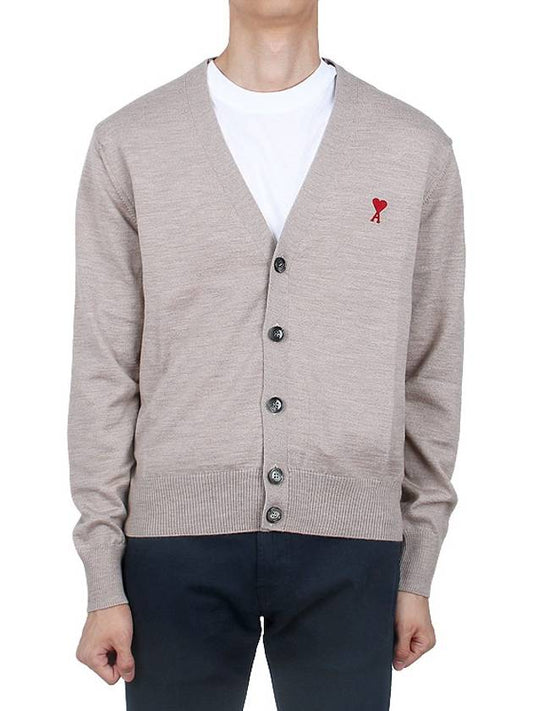 Red Heart Logo Merino Wool Cardigan Beige - AMI - BALAAN 2