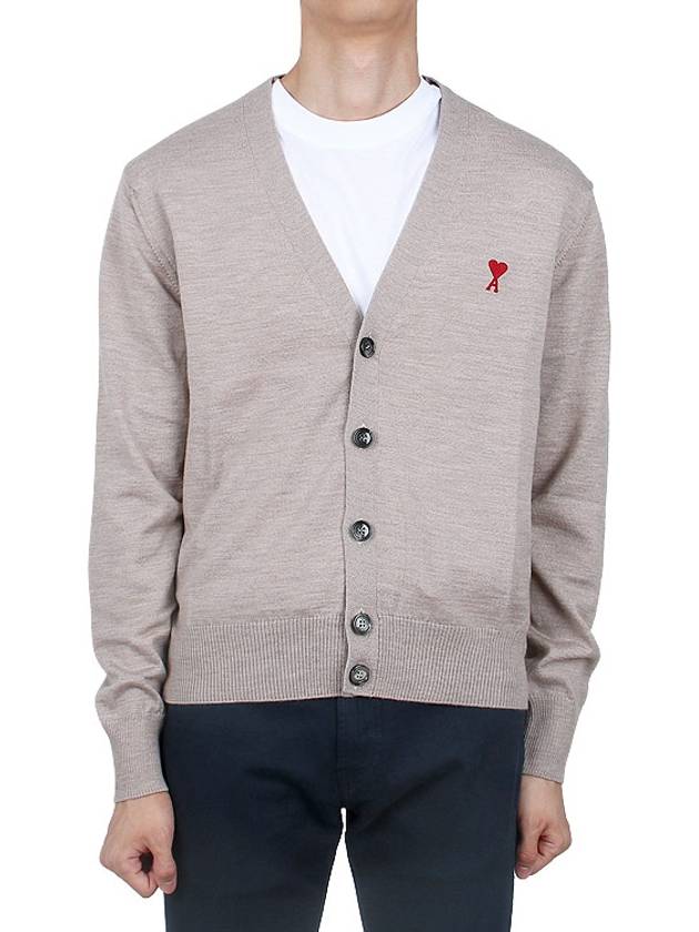 Red Heart Logo Merino Wool Cardigan Beige - AMI - BALAAN 3