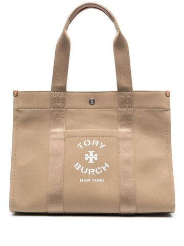 Cotton Tory Logo Print Tote Bag Beige - TORY BURCH - BALAAN 1