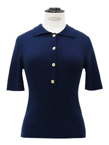 Goldplated navy shortsleeved knit - GANNI - BALAAN 1