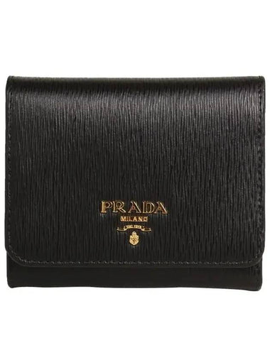 Vitello Gold Hardware Logo 3-fold Wallet Black - PRADA - BALAAN 1