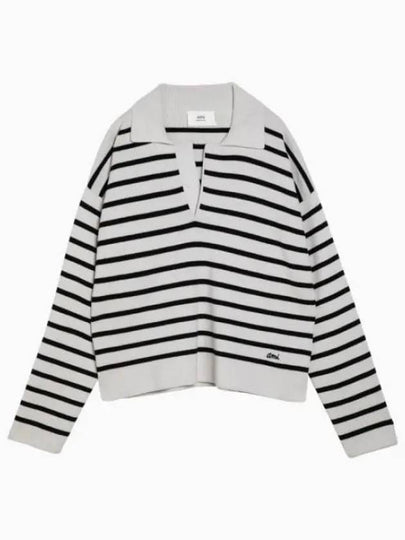 Embroidery Logo Sailor Stripe Polo Knit Top Black White - AMI - BALAAN 2