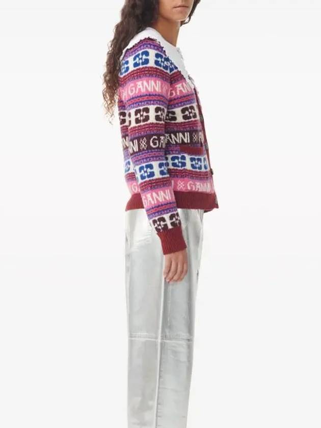 Intarsia Logo V-Neck Wool Mix Cardigan Pink - GANNI - BALAAN 6