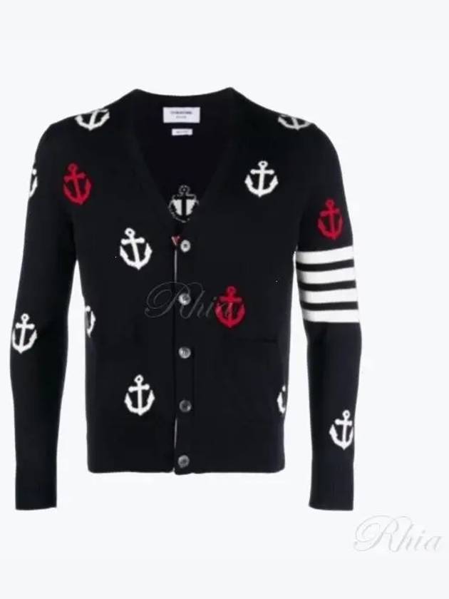 Anchor Intarsia 4-Bar V-Neck Cardigan Navy - THOM BROWNE - BALAAN 2