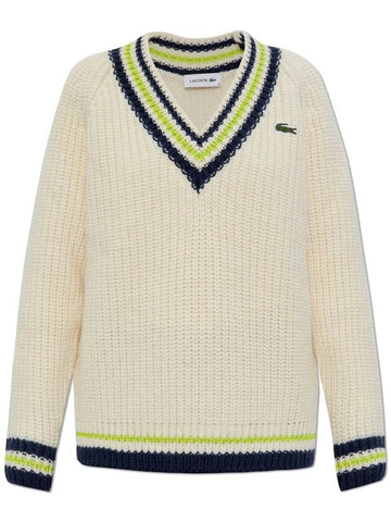 Oversize V-Neck Tennis Knit Top White - LACOSTE - BALAAN 1