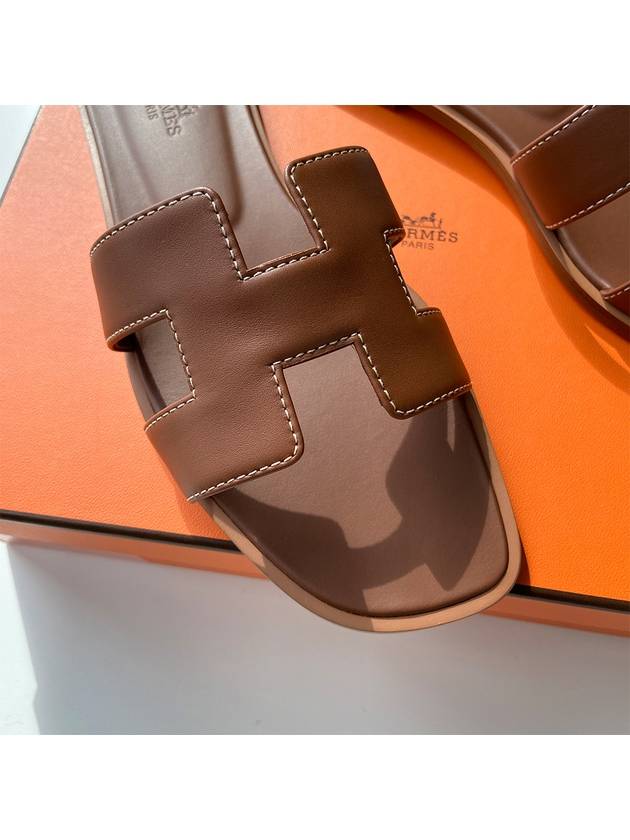 Oran Calfskin Slippers Gold Piqures Ecrues - HERMES - BALAAN 6