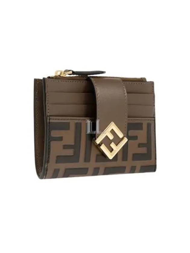 FF Diamond Embossed Logo Zip Card Holder Brown - FENDI - BALAAN 2