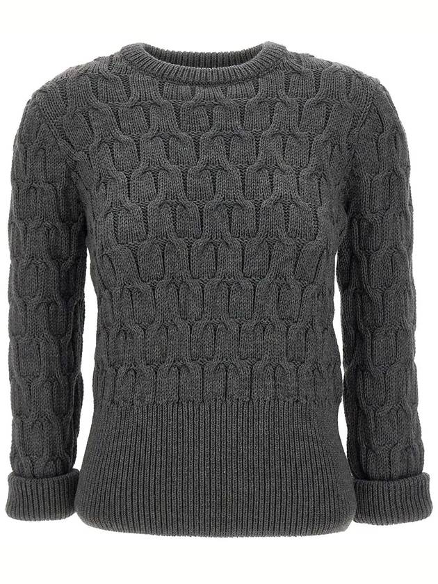 Merino Crisscross Cable Stitch Crewneck Knit Top Grey - THOM BROWNE - BALAAN 3