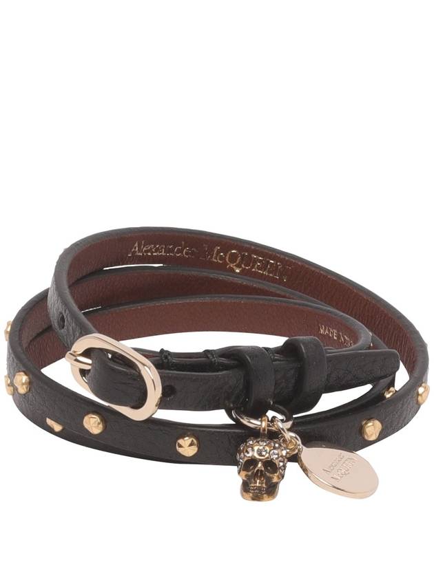 Hammered Gold Stud Skull Double Wrap Leather Bracelet Black - ALEXANDER MCQUEEN - BALAAN 2