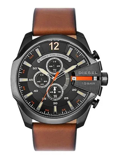 Mega Chief 51mm Black Burnished Leather Watch Brown - DIESEL - BALAAN 2