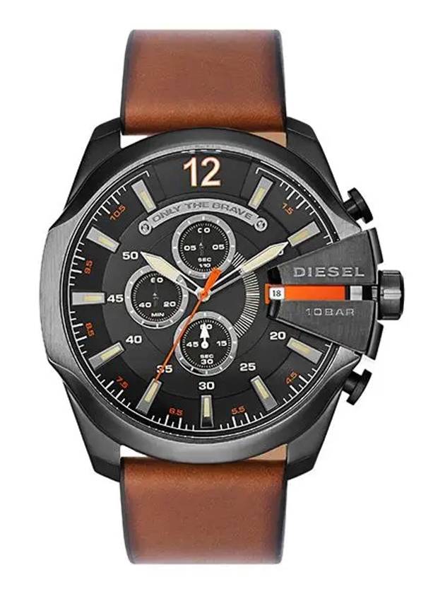 Mega Chief 51mm Black Burnished Leather Watch Brown - DIESEL - BALAAN 3