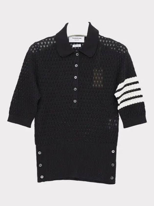 4 Bar Stripe Pointelle Knit Short Sleeve Polo Shirt Navy - THOM BROWNE - BALAAN 2