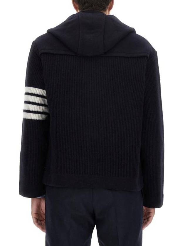 Boiled Wool Half Cardigan Stitched Hooded 4 Bar Double Jacket Navy - THOM BROWNE - BALAAN 4