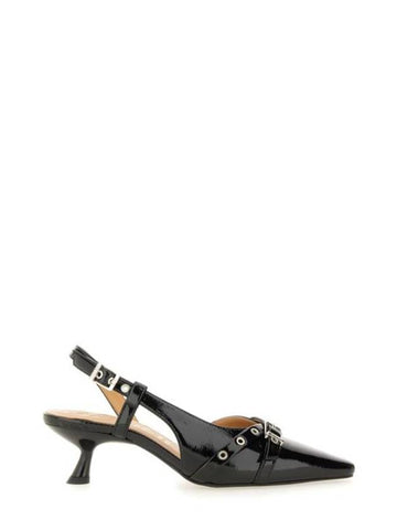 Buckle Detail Glossy Slingback Heel Black - GANNI - BALAAN 1