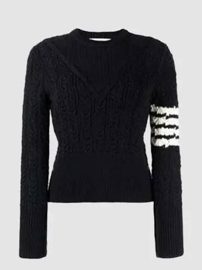 Women's 4 Bar Irish Pointelle Cable Merino Wool Knit Top Navy - THOM BROWNE - BALAAN 2