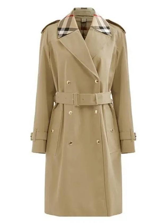 Women's Check Trim Cotton Gabardine Waterloo Trench Coat Honey - BURBERRY - BALAAN 2