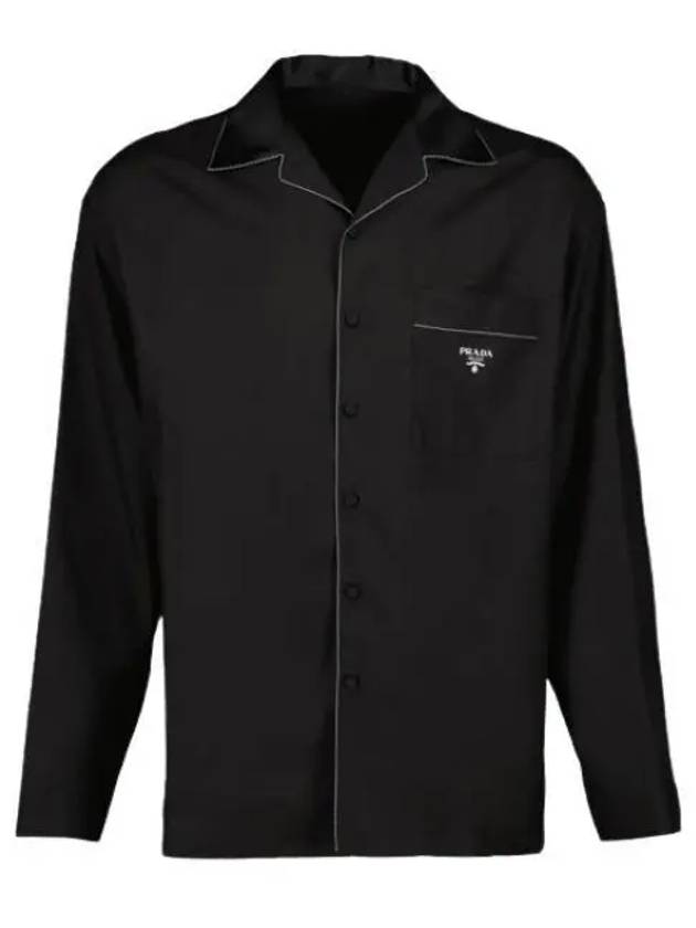 Embroidered Logo Pocket Silk Long Sleeve Shirt Black - PRADA - BALAAN 2