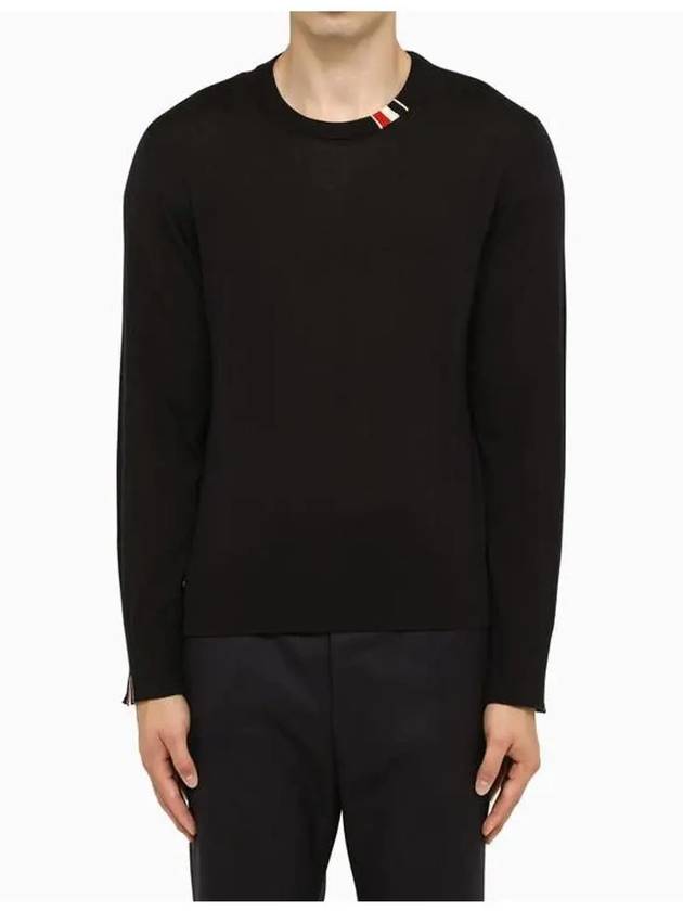 Intarsia Stitch Crew Neck Merino Wool Knit Top Navy - THOM BROWNE - BALAAN 4