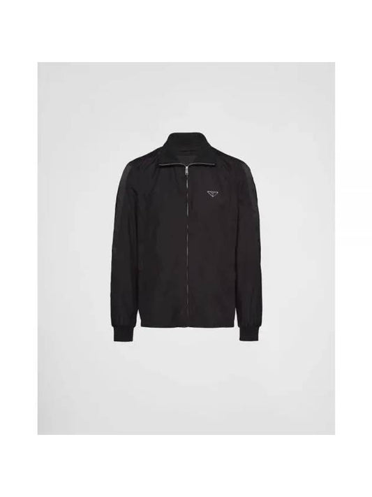 Logo Plaque Silk Blend Zip-Up Jacket Black - PRADA - BALAAN 1