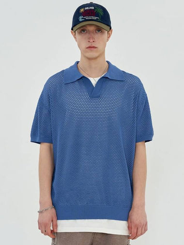 Mesh Polo Knit Top Blue - UNALLOYED - BALAAN 1