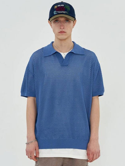 Mesh Polo Knit Top Blue - UNALLOYED - BALAAN 2