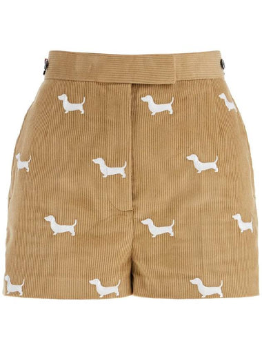 khaki corduroy shorts with white dog pattern - THOM BROWNE - BALAAN 1