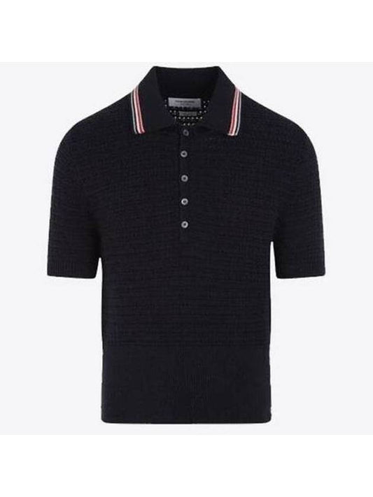 Textured Stitch Cotton Short Sleeve Polo Shirt Navy - THOM BROWNE - BALAAN 1