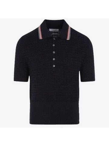 Textured Stitch Cotton Short Sleeve Polo Shirt Navy - THOM BROWNE - BALAAN 1