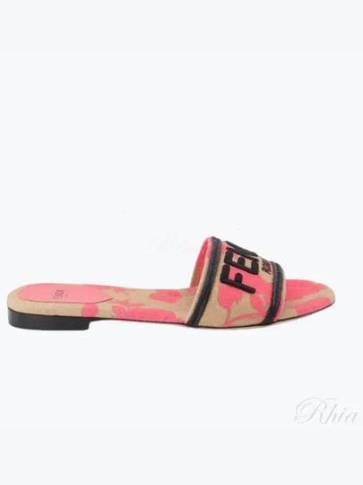 Rose Print Embroidered Logo Canvas Slide Slippers Pink - FENDI - BALAAN 2