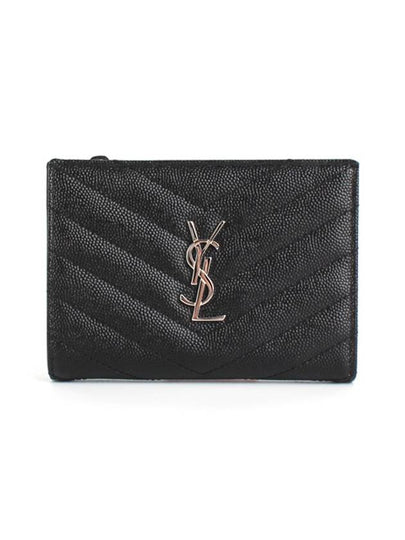 Matelasse Monogram Quilting Zipper Card Wallet Black - SAINT LAURENT - BALAAN 2