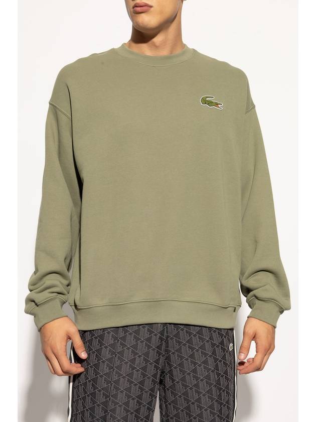 Loose Fit Badge Accent Fleece Sweatshirt Khaki - LACOSTE - BALAAN 6