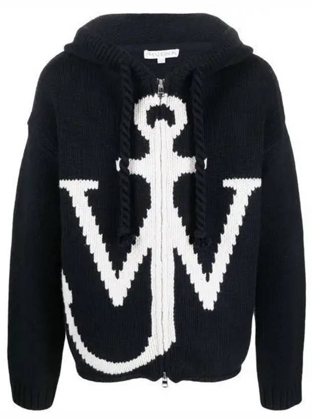 Initial Anchor Logo Intarsia Knit Zip Up Hoodie Navy - JW ANDERSON - BALAAN 2