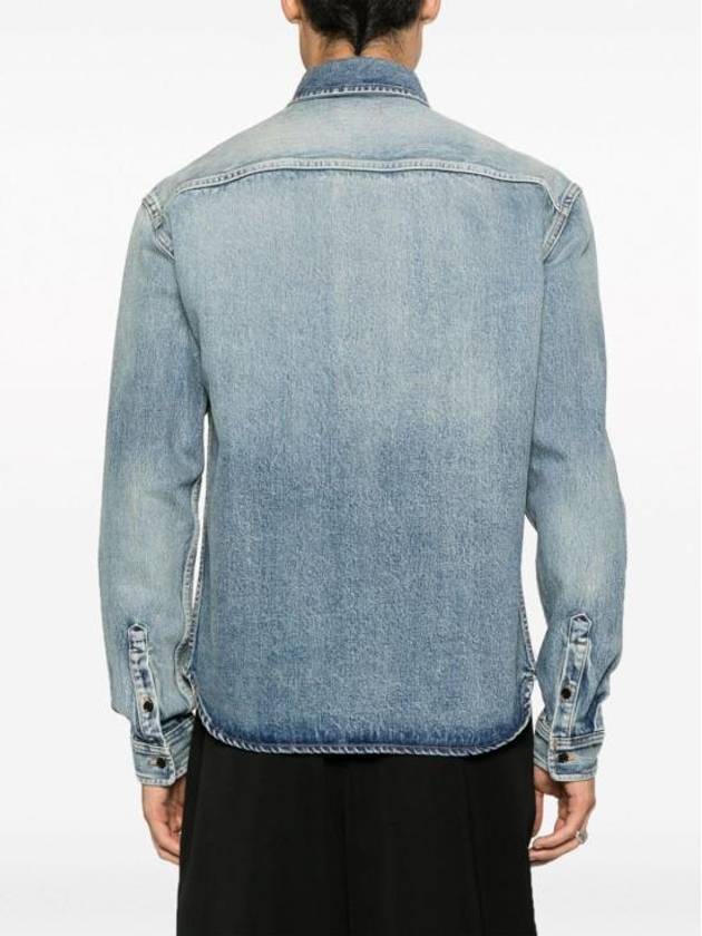 Men's Cassandre Logo Denim Long Sleeve Shirt Blue - SAINT LAURENT - BALAAN 4