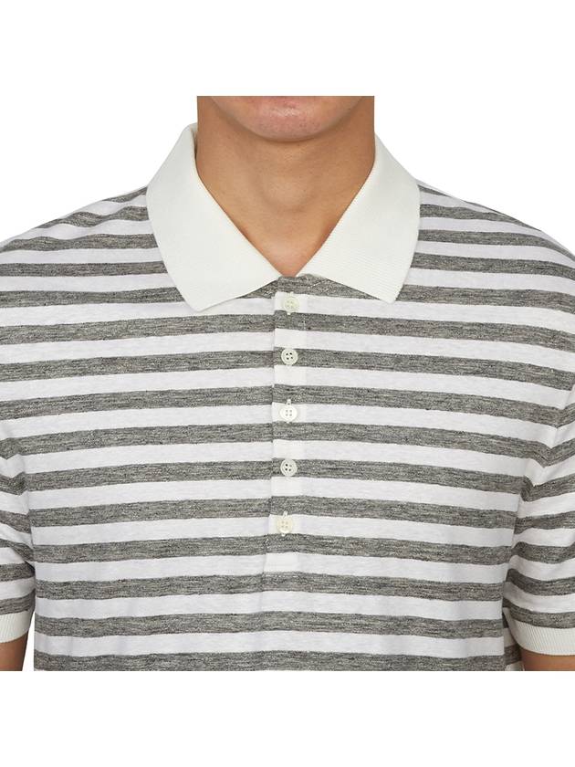 Striped Linen Polo Shirt Grey White - THOM BROWNE - BALAAN 6