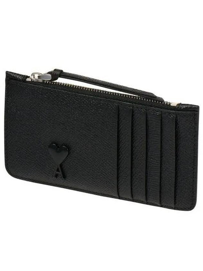 Heart Logo Plaque Leather Zipper Card Wallet Black - AMI - BALAAN 2