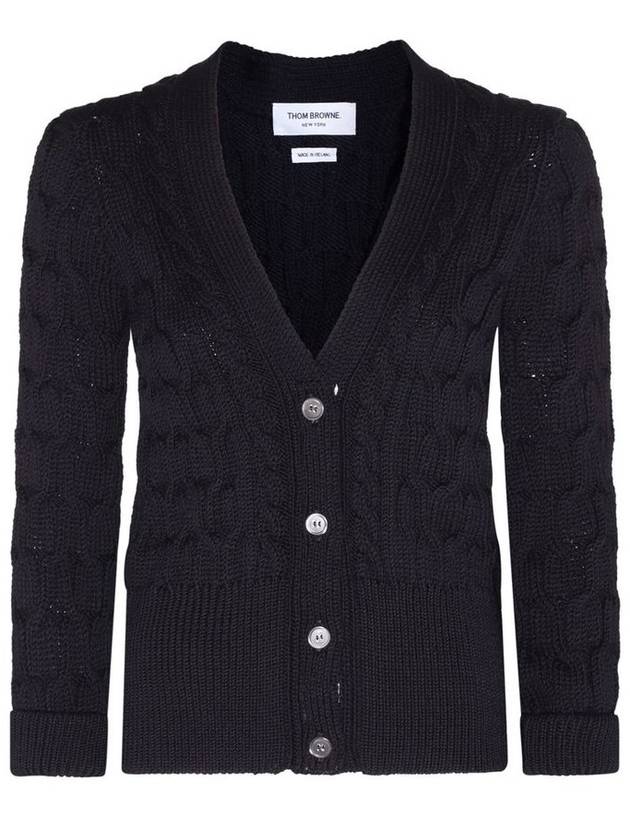 Merino Wool Crisscross Cable Stitch 3/4 Sleeve V-Neck Cardigan Navy - THOM BROWNE - BALAAN 2