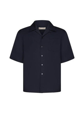 Cuban Collar Virgin Wool Short Sleeve Shirt Navy - MARNI - BALAAN 1