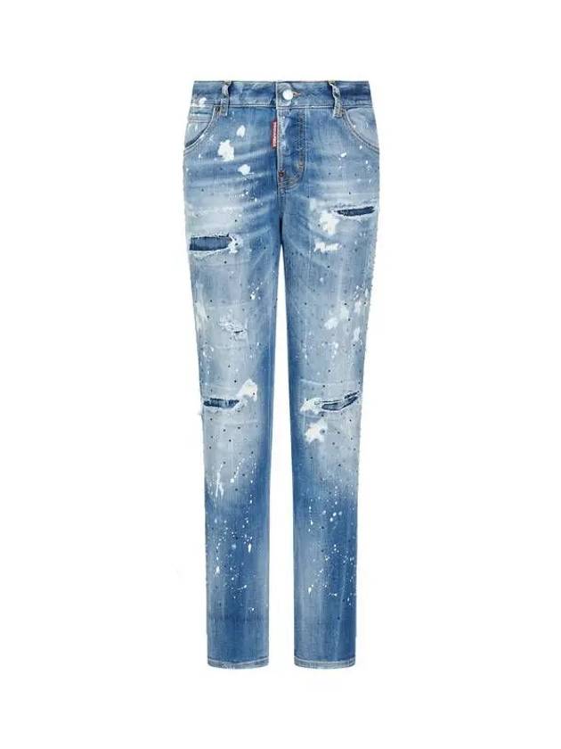 Women s Crystal Damage Cool Girl Jeans Washed Indigo - DSQUARED2 - BALAAN 1