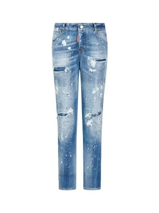 Women s Crystal Damage Cool Girl Jeans Washed Indigo - DSQUARED2 - BALAAN 1