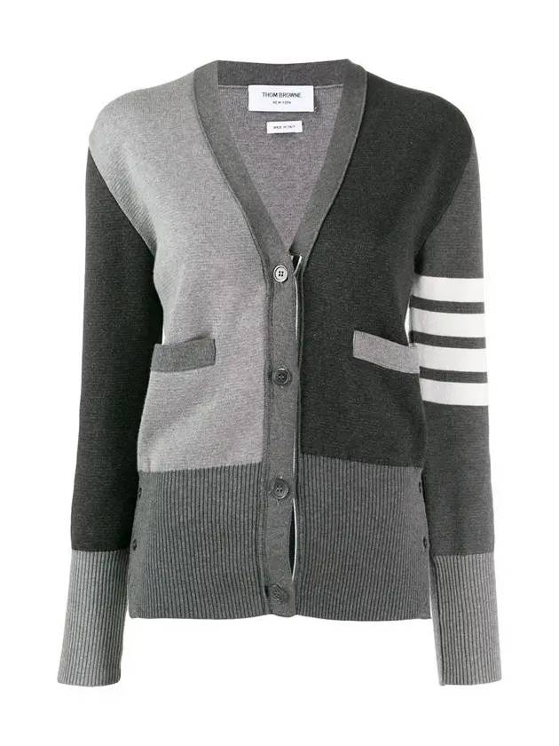 Women Diagonal V-neck Fun Mix Cardigan Grey - THOM BROWNE - BALAAN 3