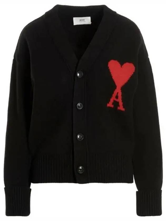 Intarsia Big Heart Logo Oversized Virgin Wool Cardigan Black - AMI - BALAAN 5