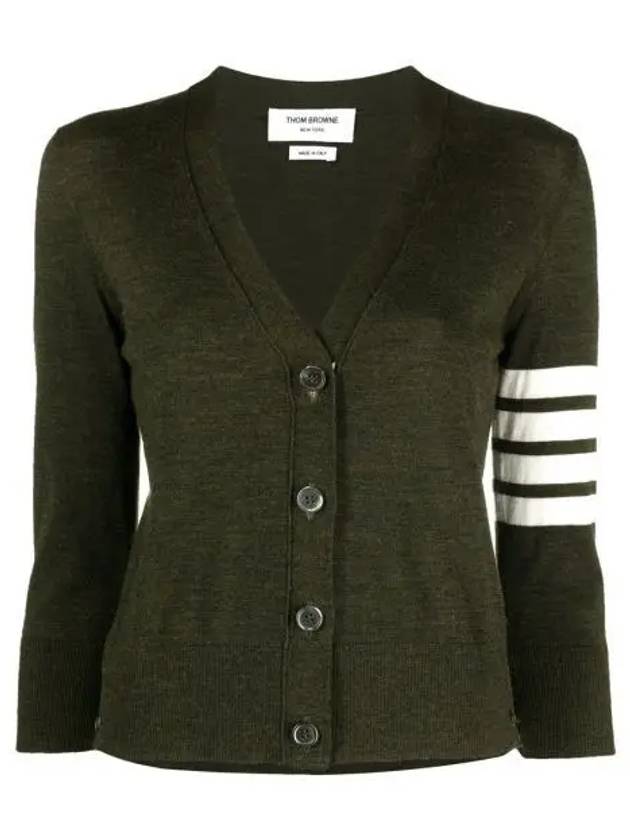 Sustainable Fine Merino Wool 4-Bar Relaxed Fit V-Neck Cardigan Dark Green - THOM BROWNE - BALAAN 2