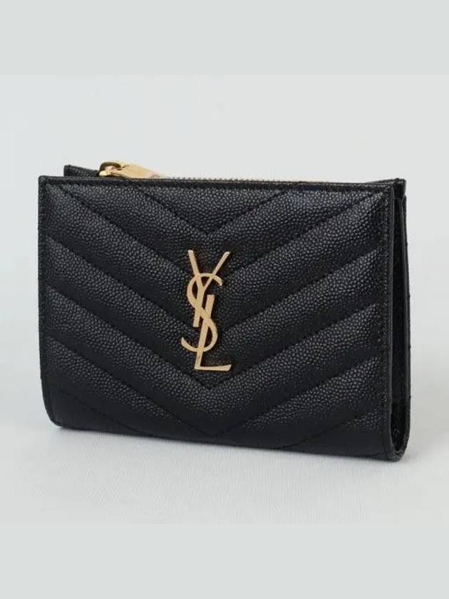 Grain Leather Quilted Stitch Card Wallet Black - SAINT LAURENT - BALAAN 2