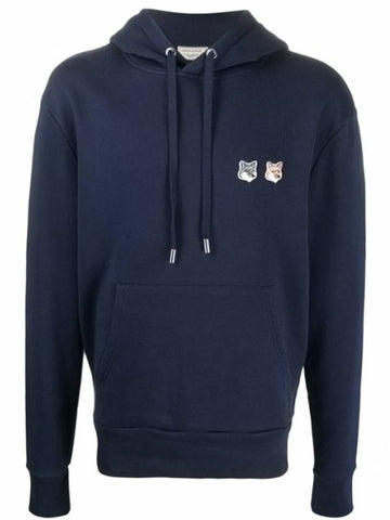 Men's Double Fox Head Patch Hood Navy - MAISON KITSUNE - BALAAN.