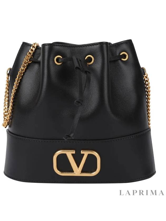 V Logo Signature Chain Napa Leather Bucket Bag Black - VALENTINO - BALAAN 9