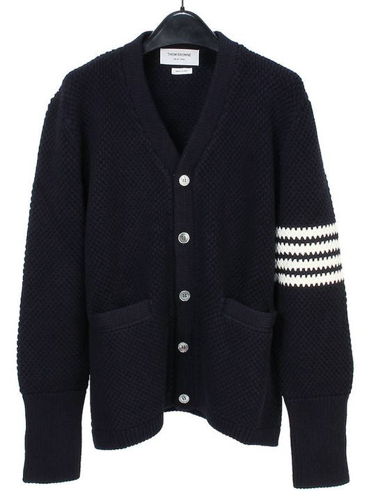 Seed Stitch Cotton High Neck Cardigan Navy - THOM BROWNE - BALAAN 2